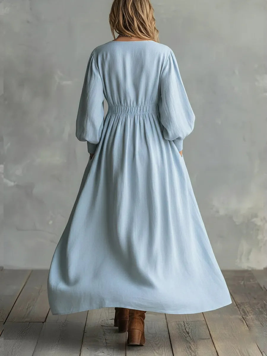 Waist-elastic Linen And Cotton Lantern-sleeved Dress