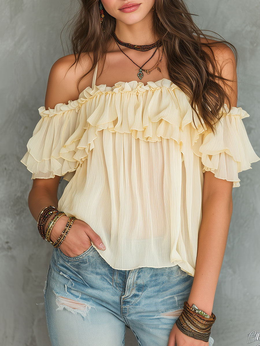 Boho Soft Yellow Cold-Shoulder Ruffled Chiffon Blouse