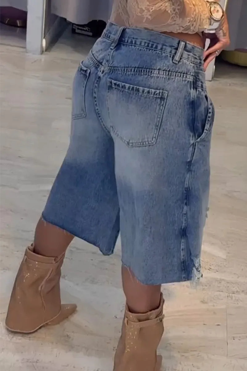 Women's Faux Two-Piece Style Mid-Length Jeans