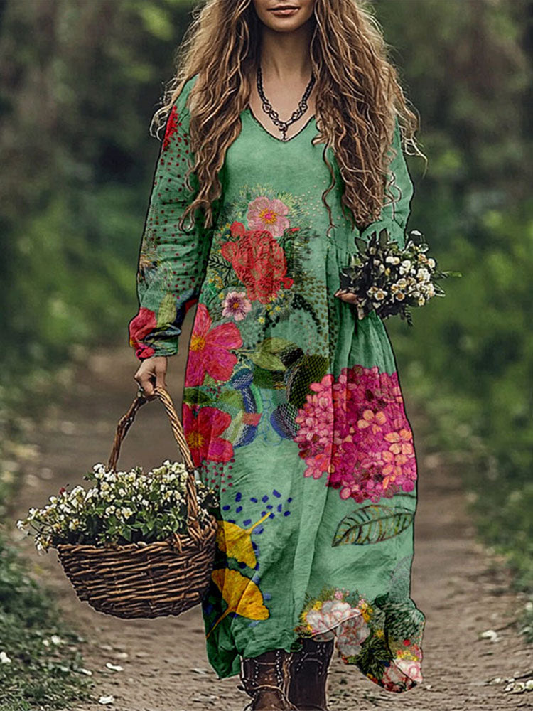 Vintage Flowers Embroidered Linen Blend Maxi Dress
