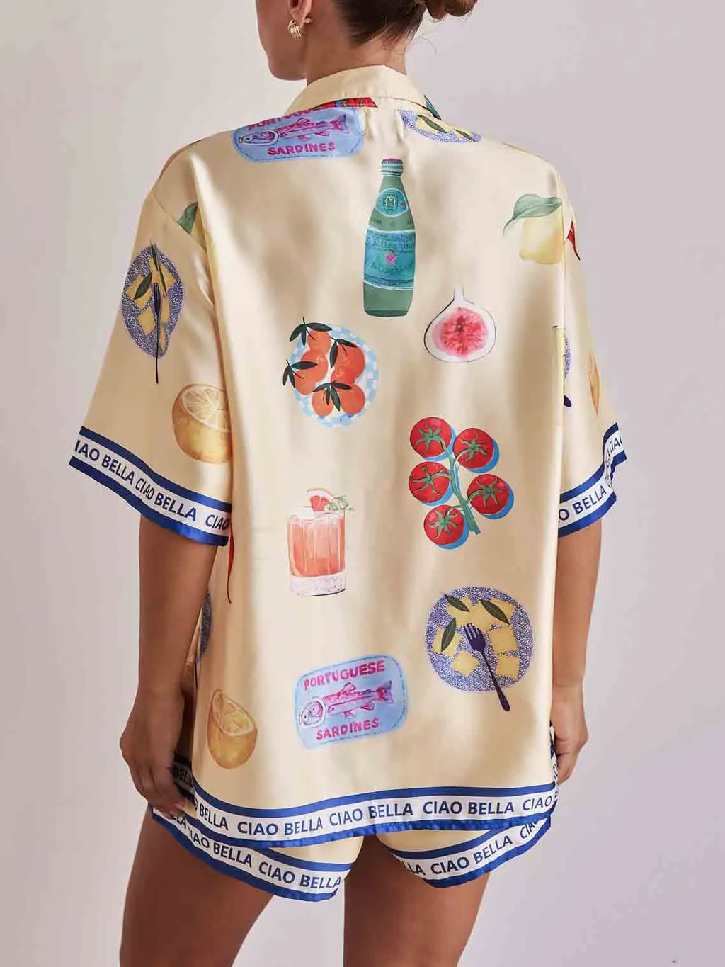 Unique Print Casual Lapel Cardigan Shorts Set