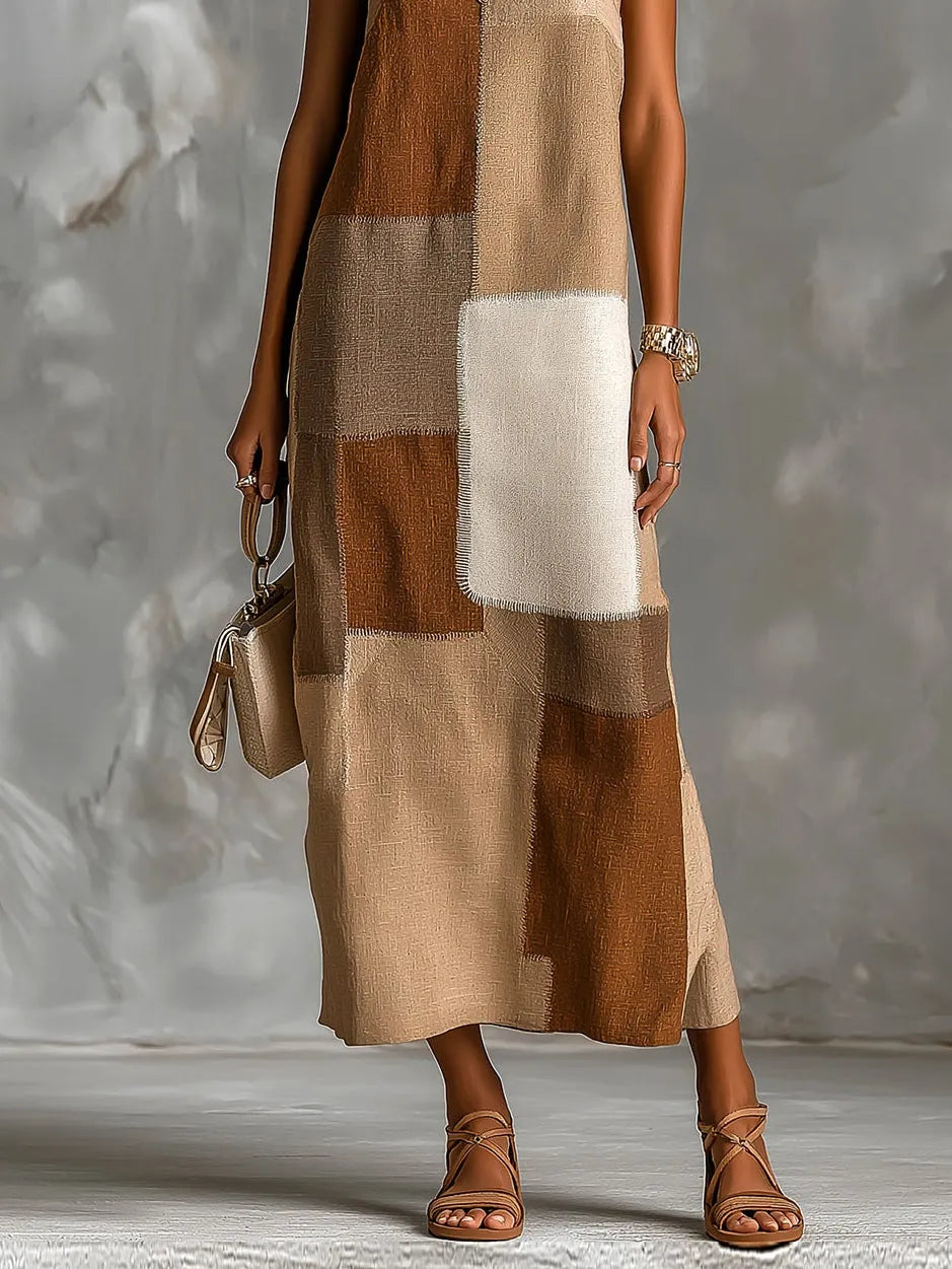 Brown Colorblock Spaghetti Straps Square-Neck Sleeveless Maxi Dress
