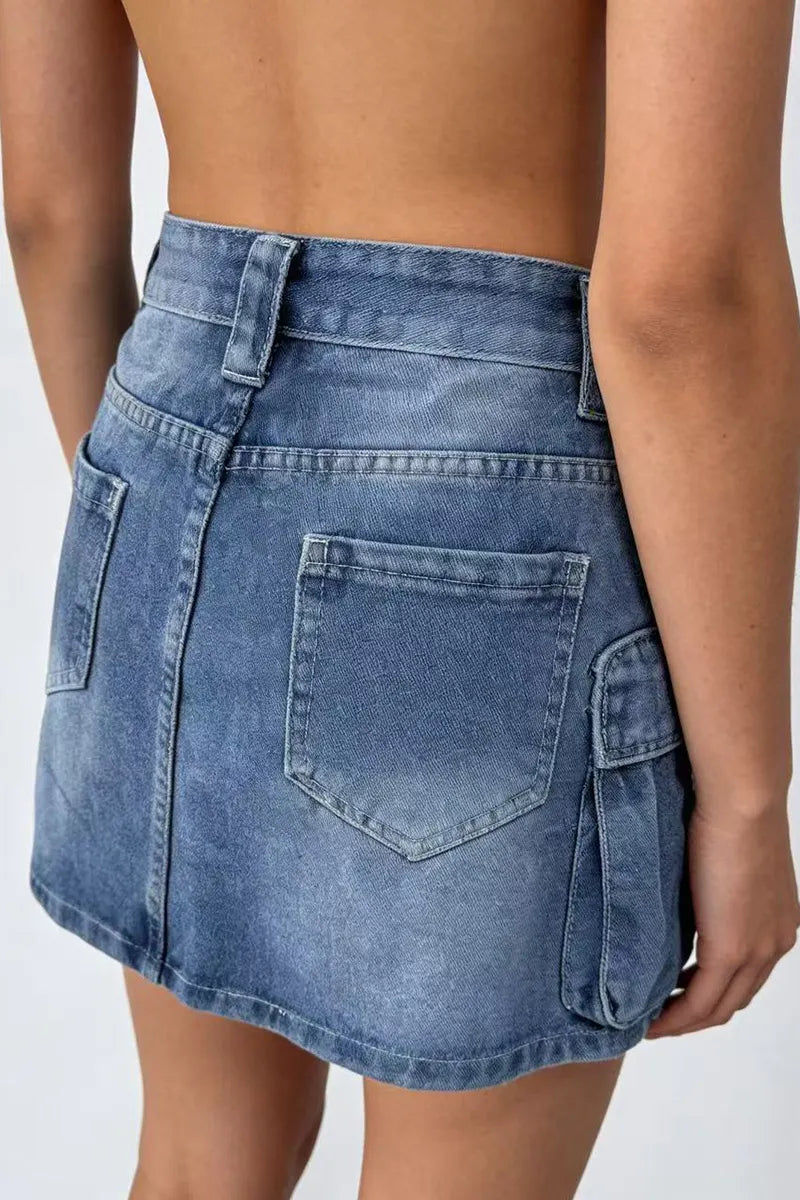 Women's Casual Large Pocket Denim Utility Short Skirt