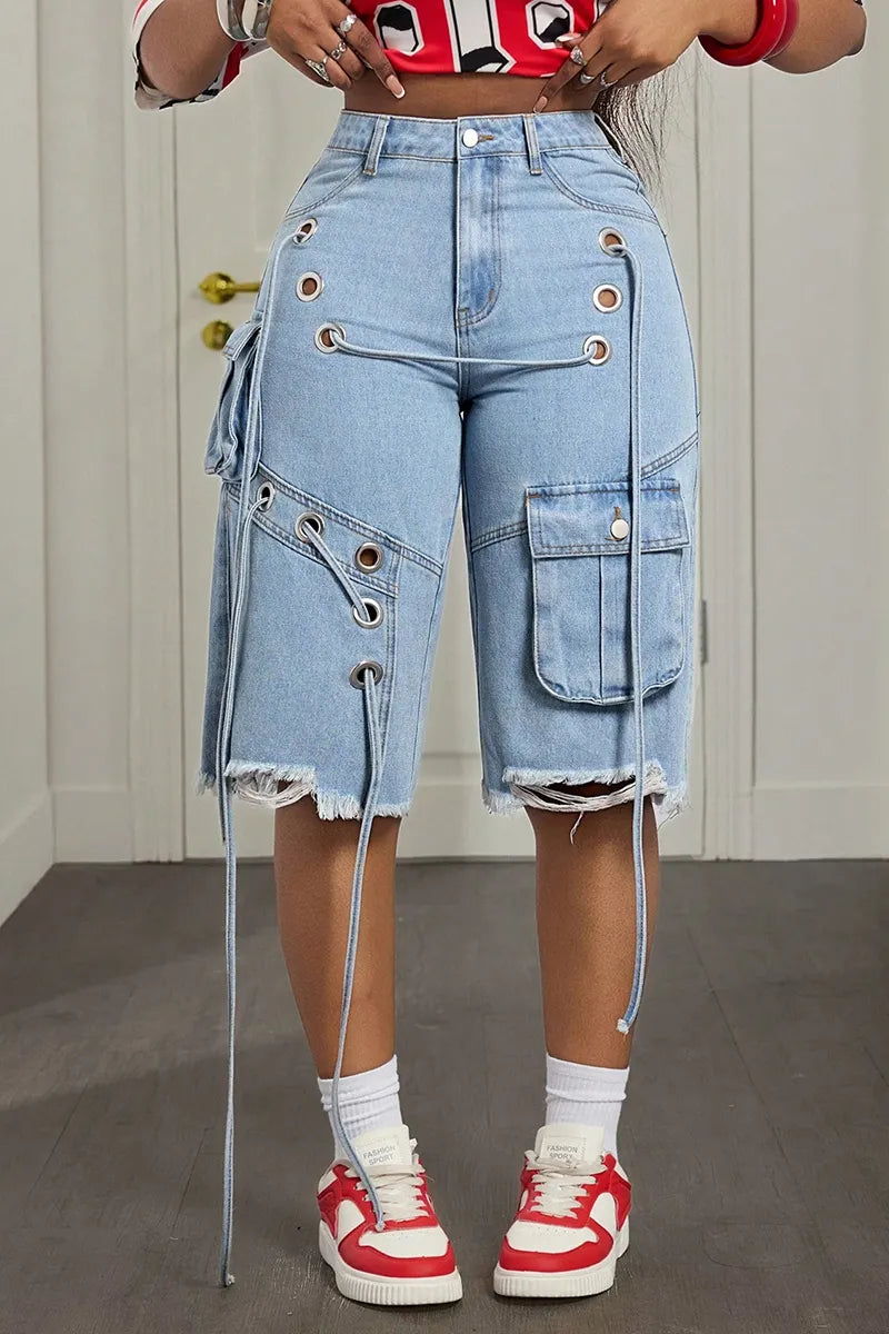 Women's Casual Cutout Cropped Denim Shorts