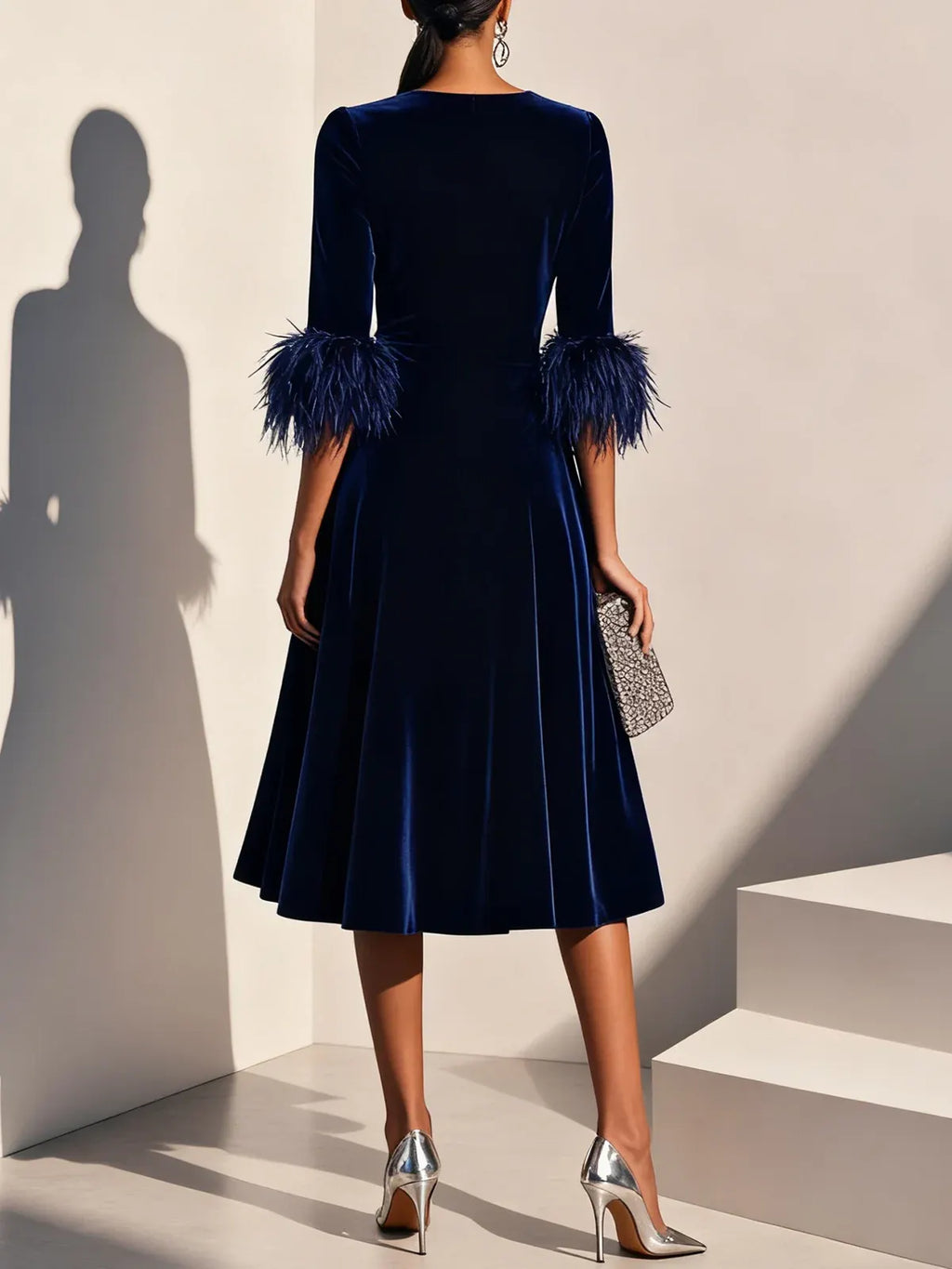 Dark Blue Feather-trimmed Velvet Round Neck Short-sleeved A-line Midi Dress