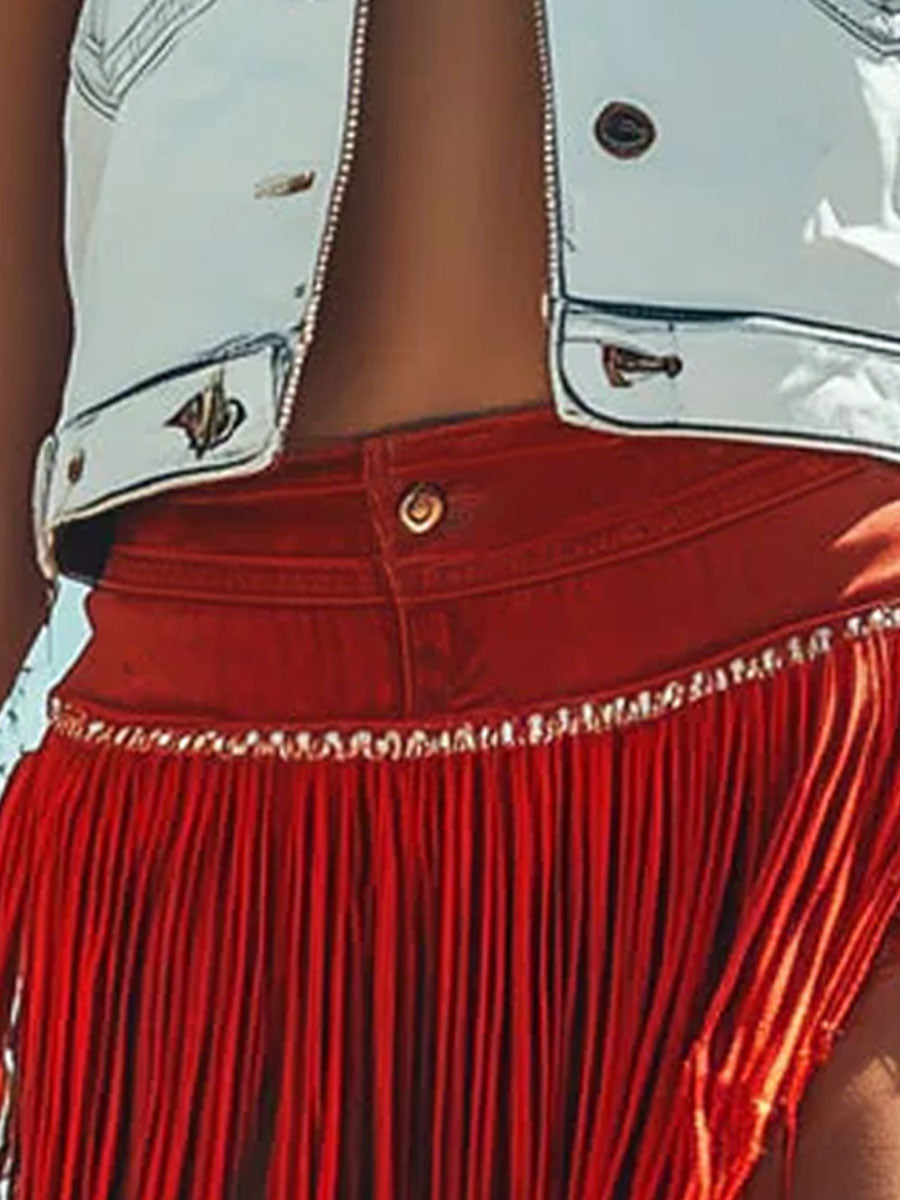 【24-hour shipping out】Western Retro Red Washed Cotton Ribbon Tassel Shorts