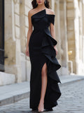 Black One-Shoulder Ruffled Evening Gown With Asymmetric Slit