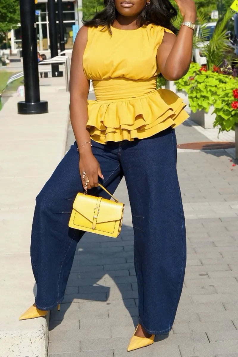 Women's Round Neck Sleeveless Waist Cinched Patchwork Top or Wide Leg Jeans