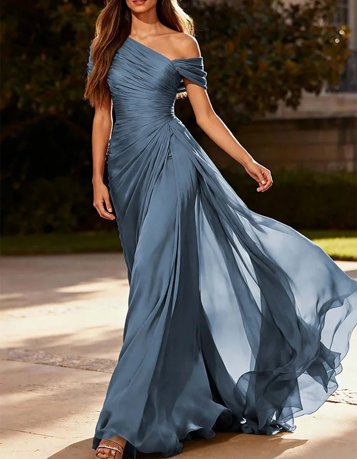 Off Shoulder Ruched Chiffon Evening Dress