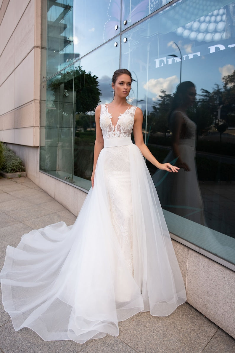 Simple A-Line Lace Wedding Dress, Minimalist Deep V Neck Bridal Gown, Wedding Dress, Lace Wedding Dress, Custom Romantic Wedding Gown