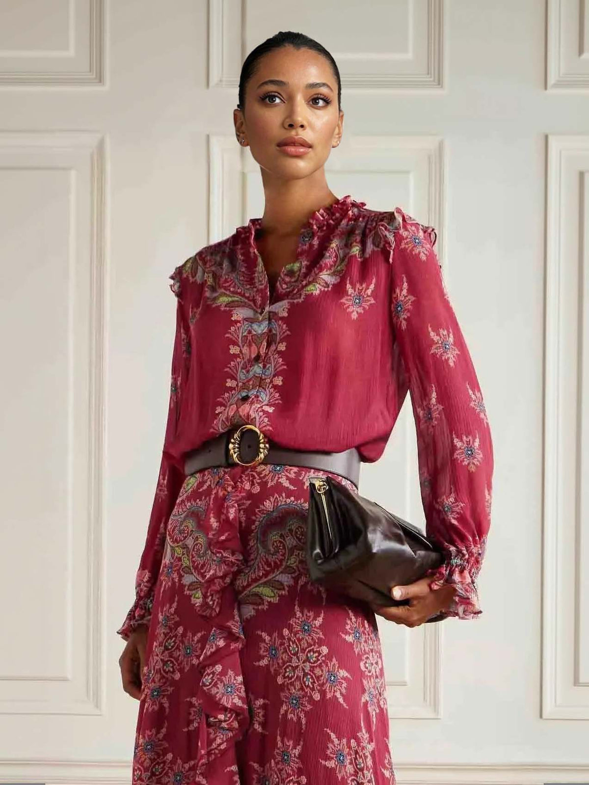 Exquisite Bohemian Ruffled Printed Chiffon Shirt