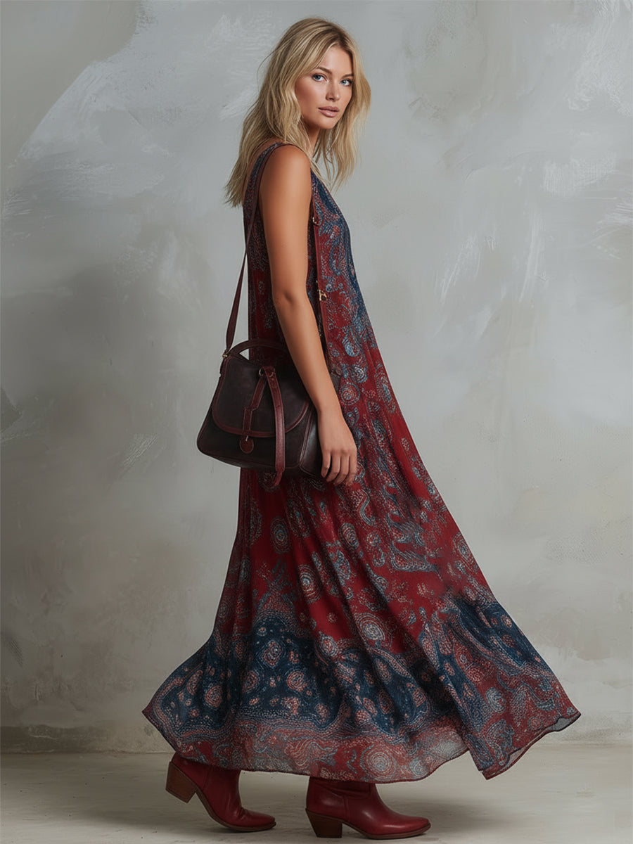 Retro Ethnic Bohemian Print Chiffon Sleeveless Maxi Dress