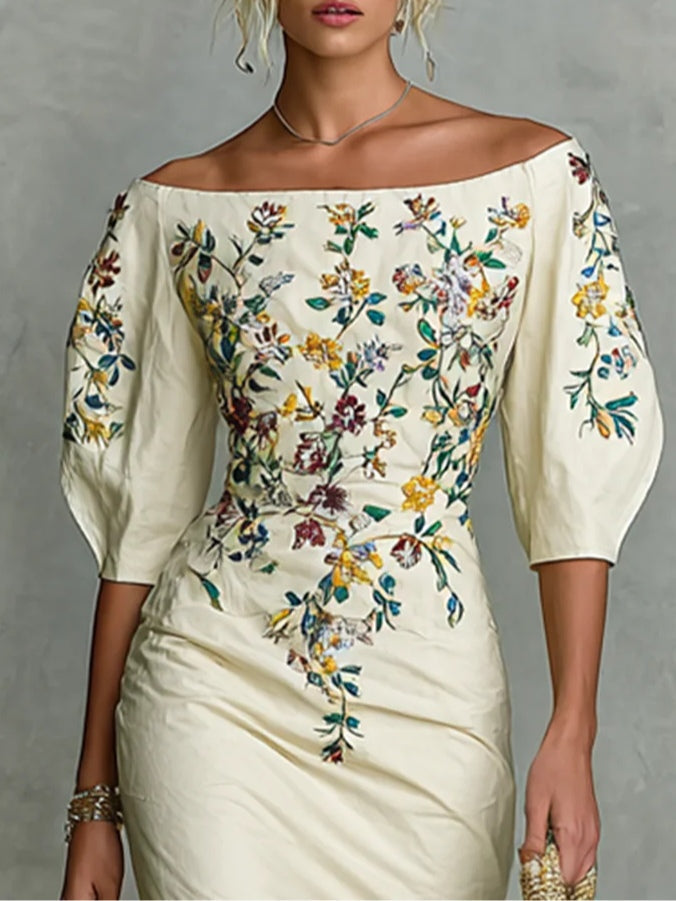 Women's floral print mid-sleeve slit dress