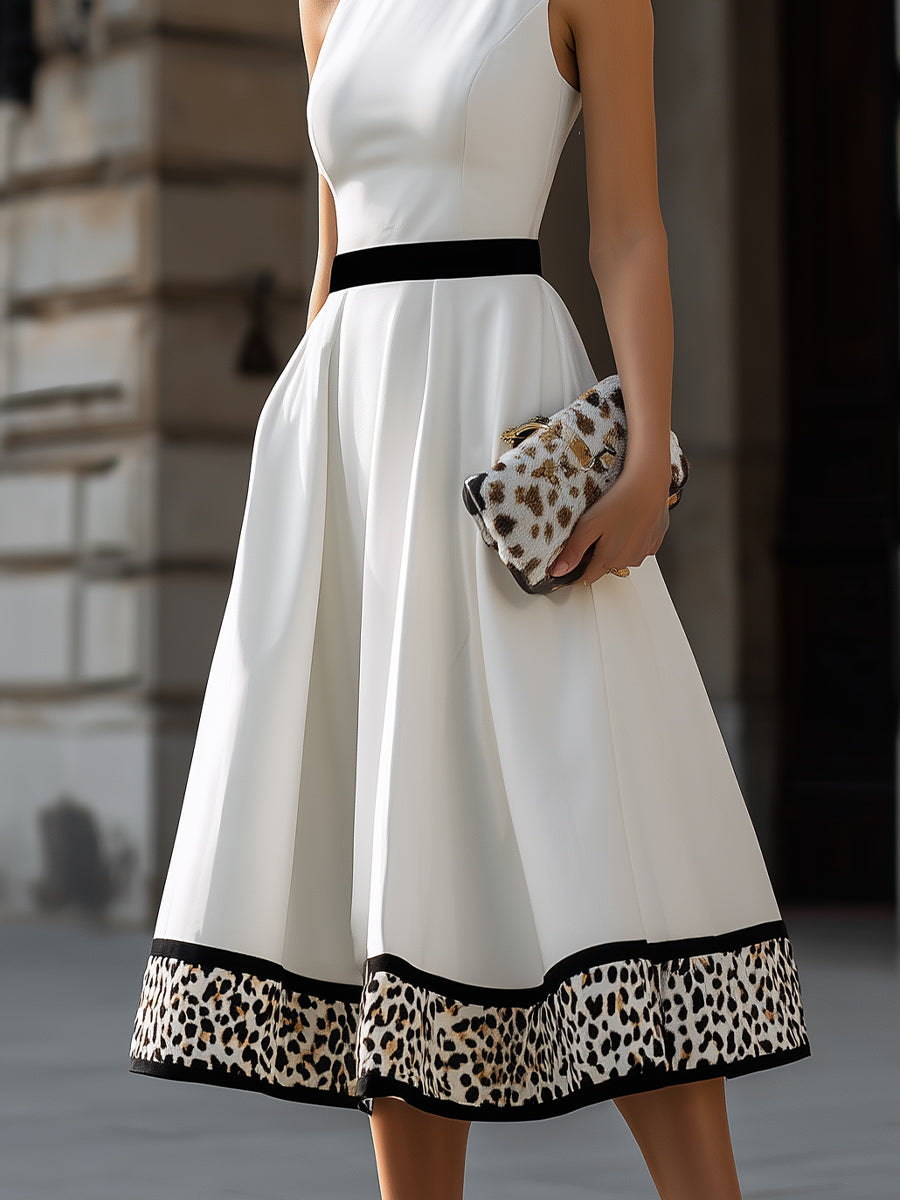 Contrast Waist Leopard Hem A-Line Midi Dress