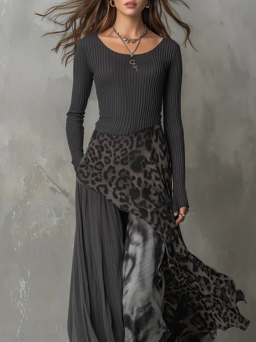 Grey Pit Stripe Leopard Print Splicing Irregular Hem Maxi Dress