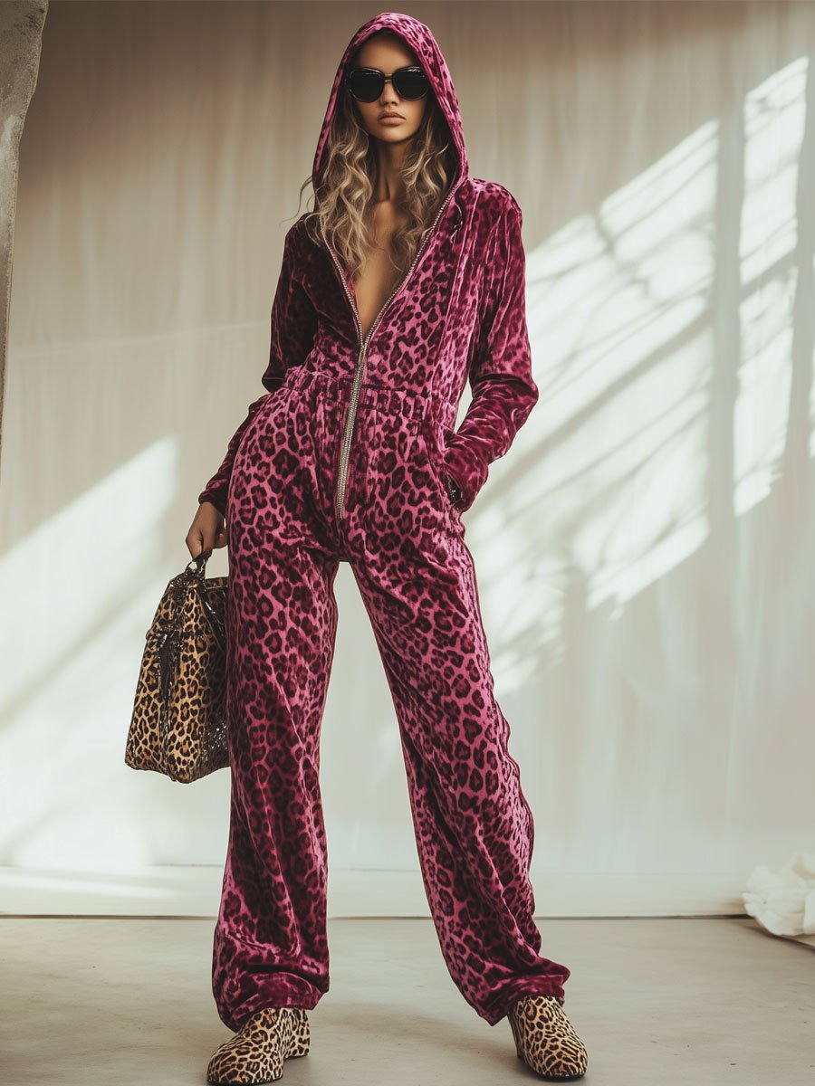 Casual Loose Retro Pink Velvet Leopard Print Elastic Waist Zipper Hooded Jumpsuit