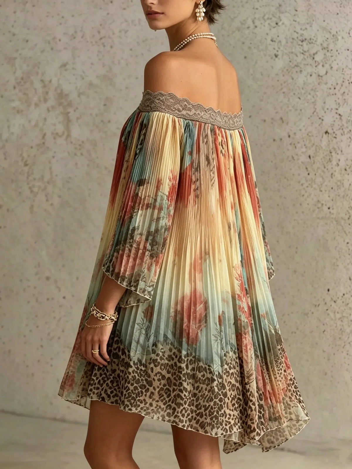 Vintage Floral Print Pleated Lace Off-shoulder Mini Dress
