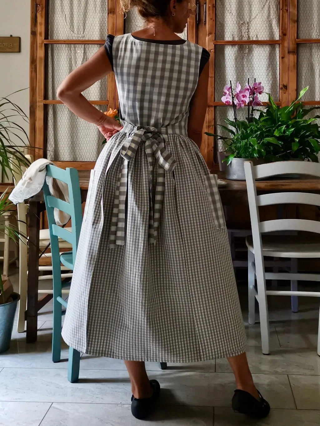 Light Gray & Beige Checkered Patchwork Cotton Apron