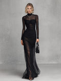 Sexy Sheer Mesh Ruched Bodycon Maxi Dress