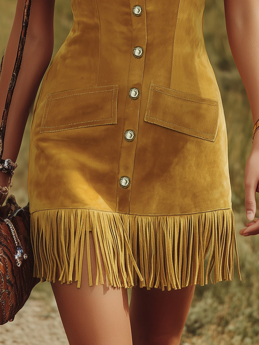 Western-style Vintage V-neck Fringed Faux Suede Mini Dress