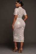 White Sequin Mesh High Neck Midi Evening Dress