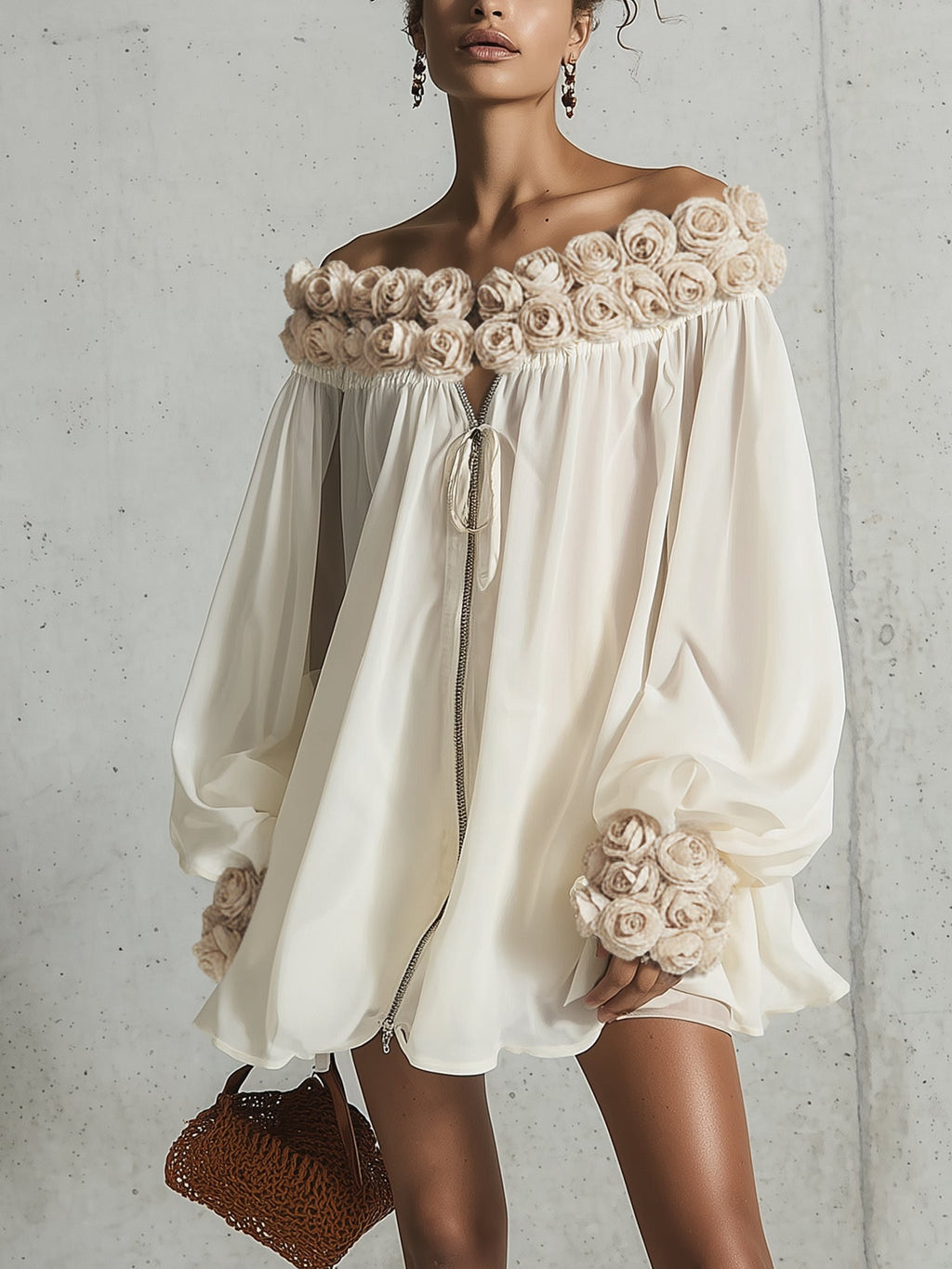 Cream 3D Floral Chiffon Zip Mini Dress