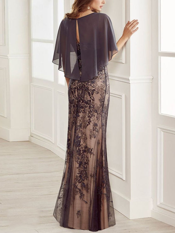 Round Neck Mesh Lace Solid Color Maxi Dress