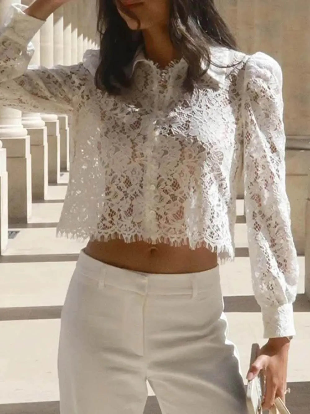 Elegant Lace Long-sleeved Cropped Shirt