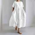 Floral Lace Embroidery Art Linen Blend Maxi Dress