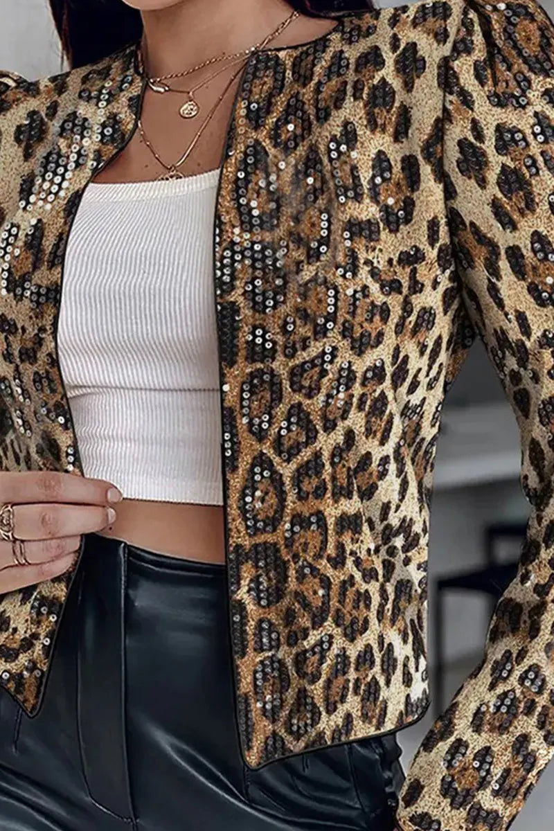 Chic Leopard Print Sequin Covered Long-Sleeve Jacket