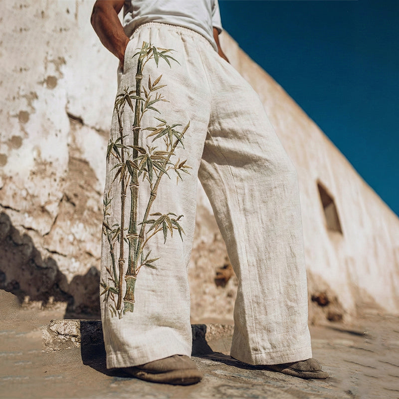 Men's Japanese Bamboo Art Pattern Linen Blend Pants