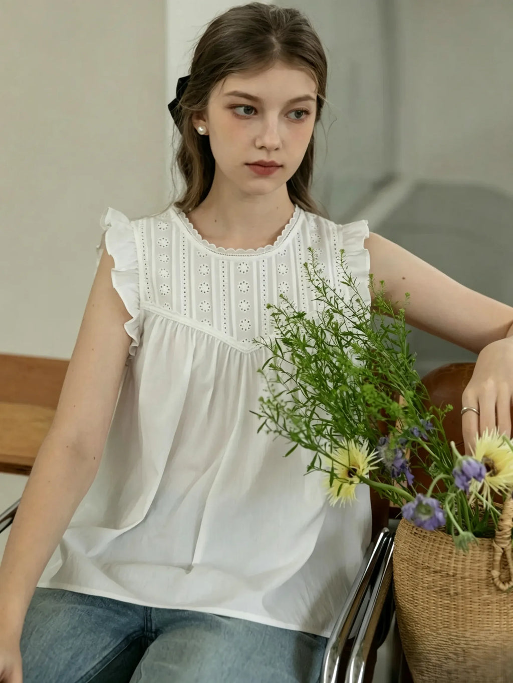 White Eyelet Ruffle Sleeveless Blouse