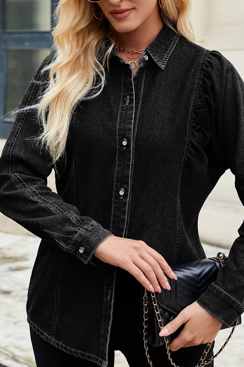 Women's Cropped Denim Shirt With Raw Hem Shoulder Detail