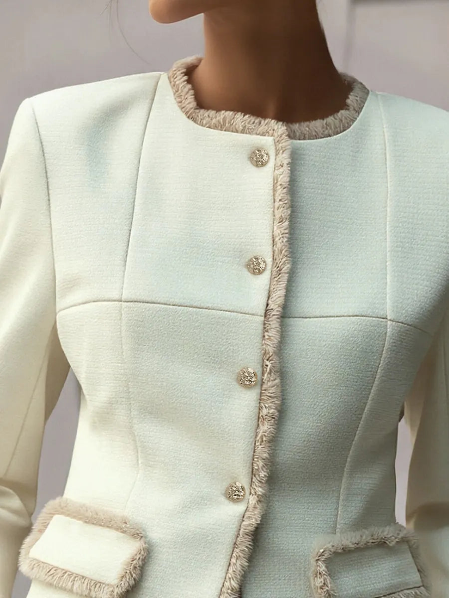 Elegant Cream Textured Blazer With Decorative Trim