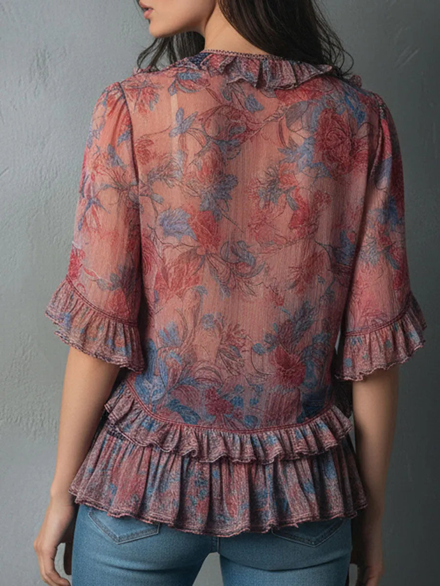 Boho Romantic V-Neck Sheer Floral Print Ruffle Blouse