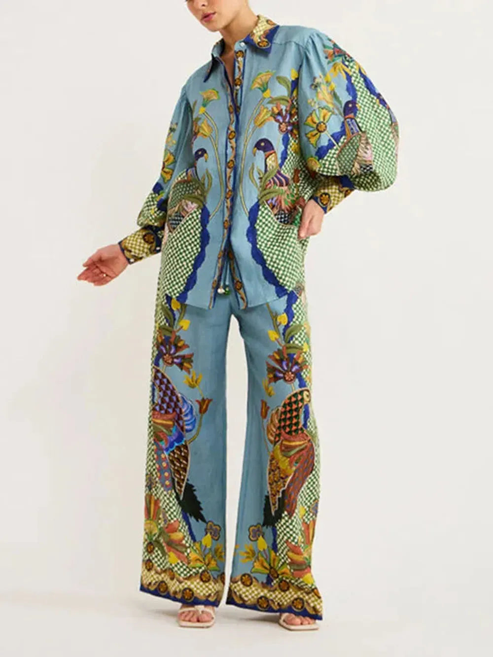 Unique Printed Puff Sleeve Holiday Casual Lanyard Suit