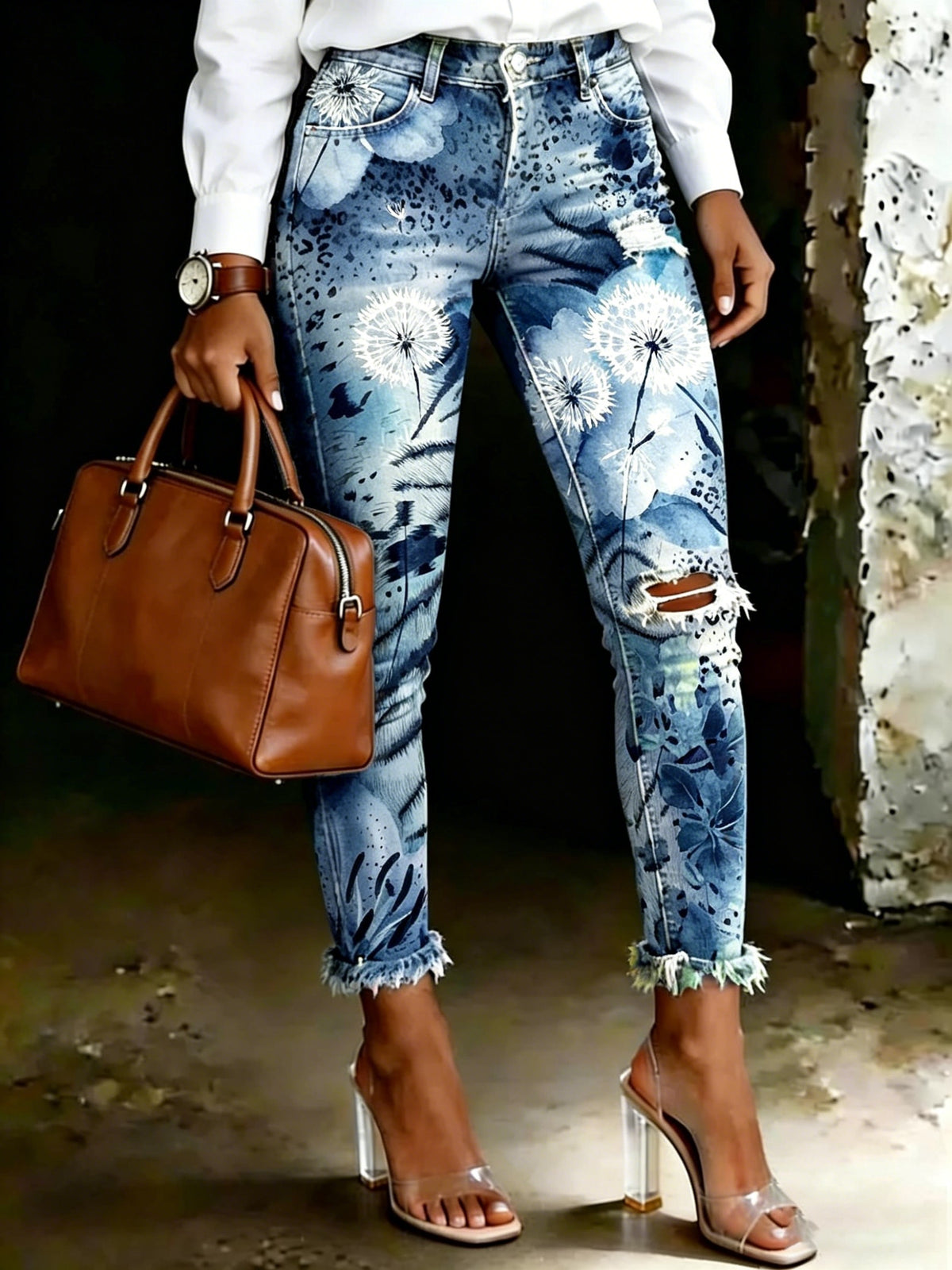 Women's Vintage Ethnic-print Artistic-print Jeans With Pockets