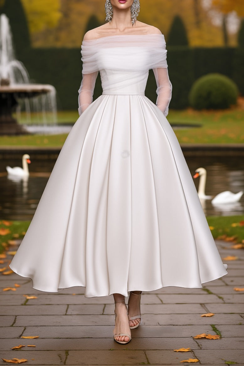 Wedding Dress White Off Shoulder Mesh Maxi Long Sleeve Dress