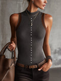 24-Hour-Shipping Gray Ribbed Knit Sleeveless Vest With Pearl Button Detailing