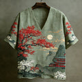 Men's Japanese-style Landscape Pattern Short-sleeved V-neck Shirt