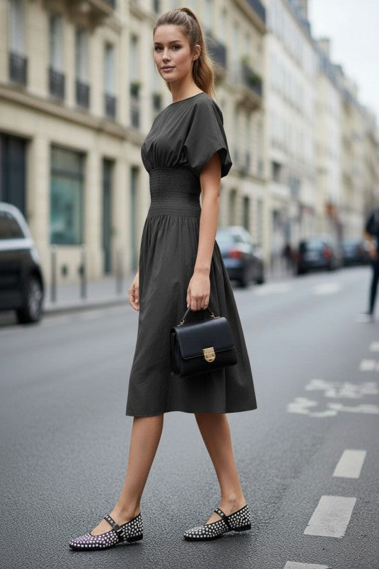 WAIST SMOCKED MIDI DRESS