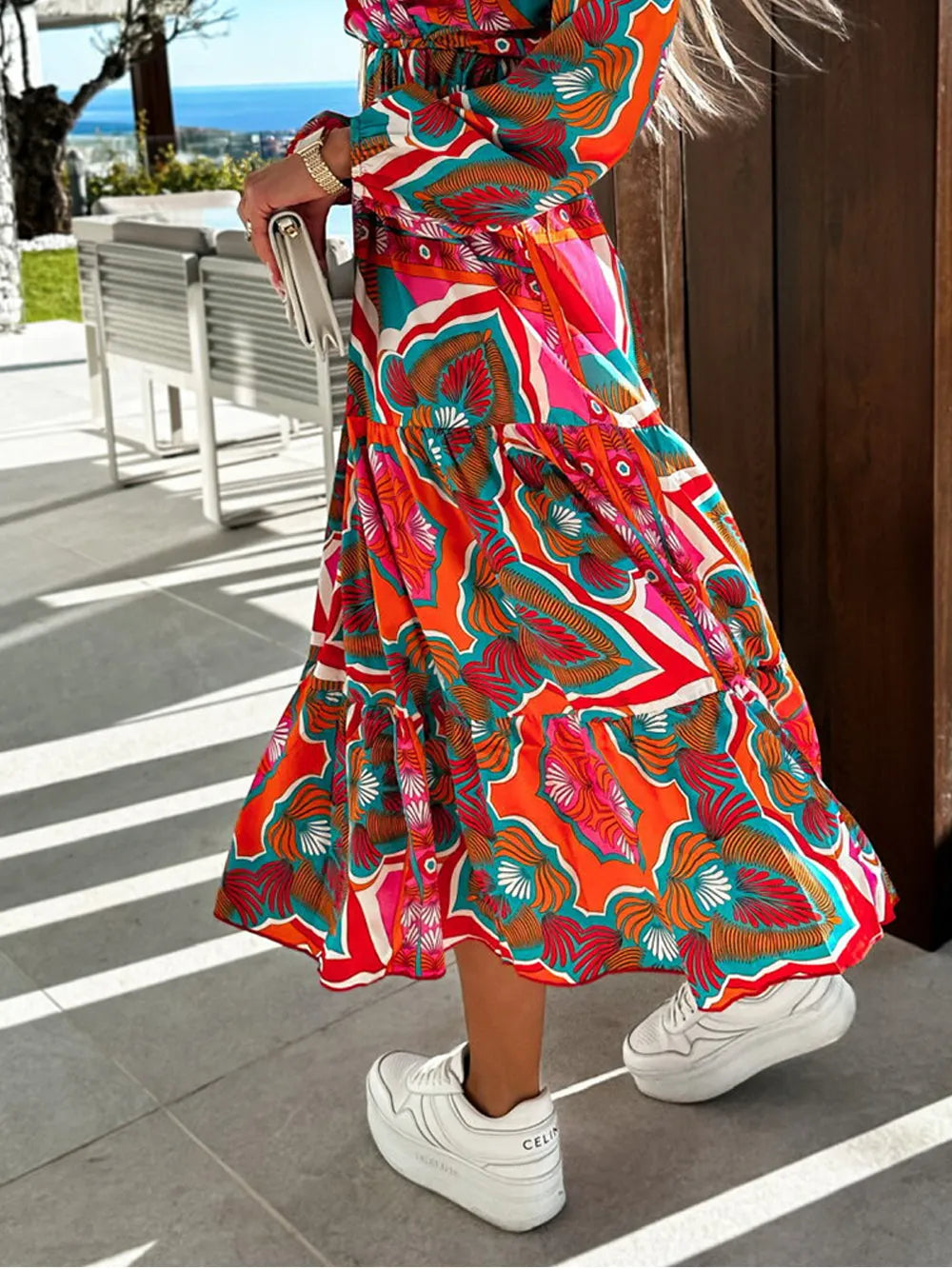 Fashion Long Sleeve V Neck Maxi Dress
