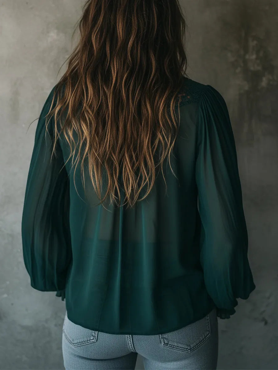 Quiet Luxury Chiffon Lace Splicing Tie Neckline Blouse