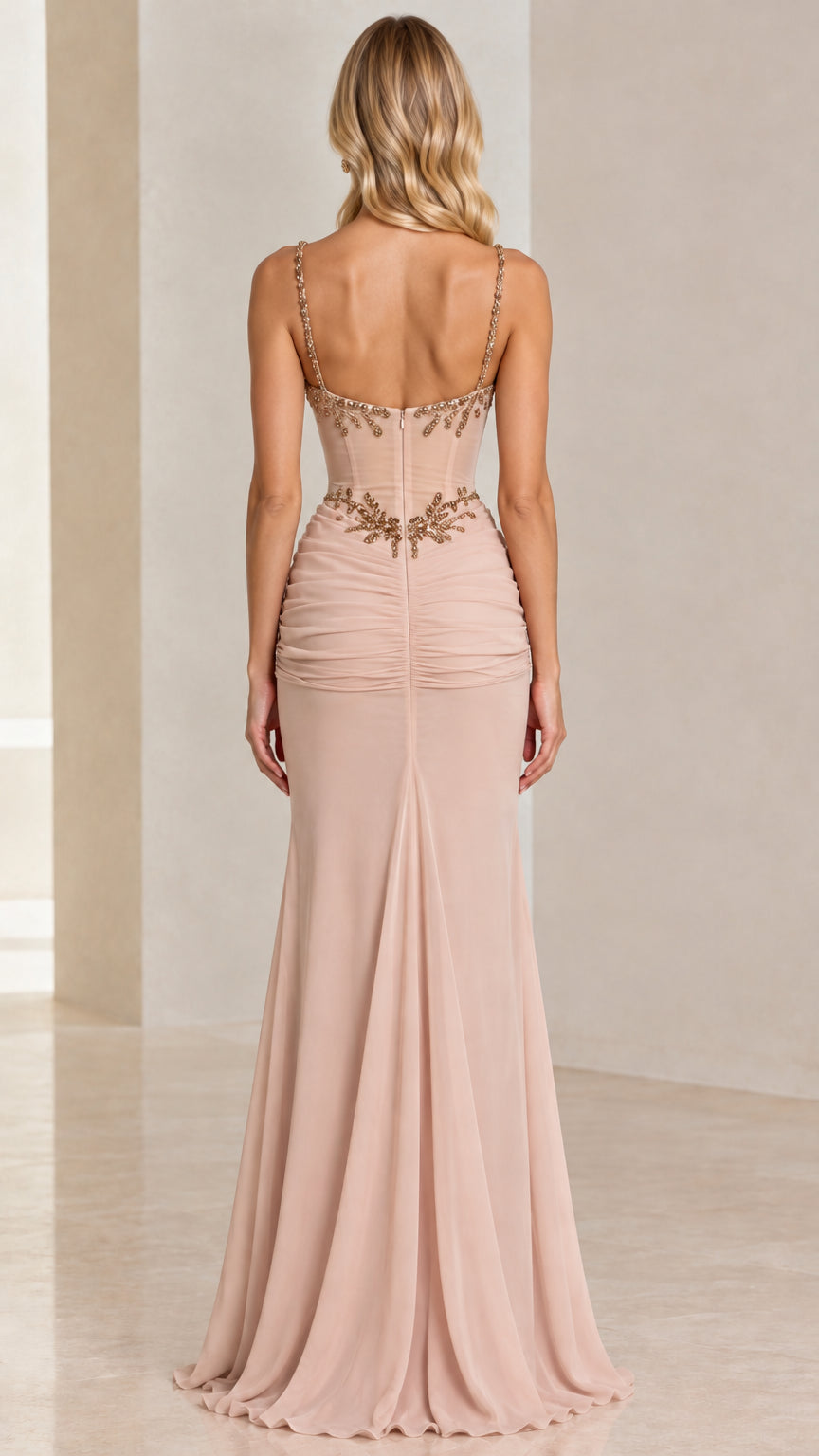 Embellished Corset Sweetheart Evening Gown with Draped Ruched Skirt