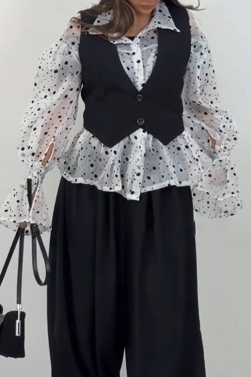 Women's Casual Lapel Polka Dot Shirt or Vest Set