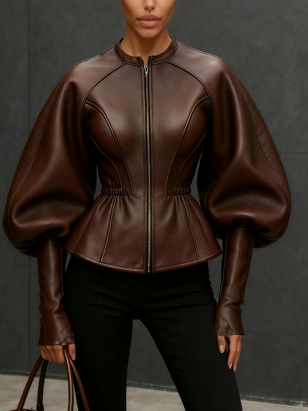24-Hour-Shipping Brown Faux Leather Jacket With Balloon Sleeves