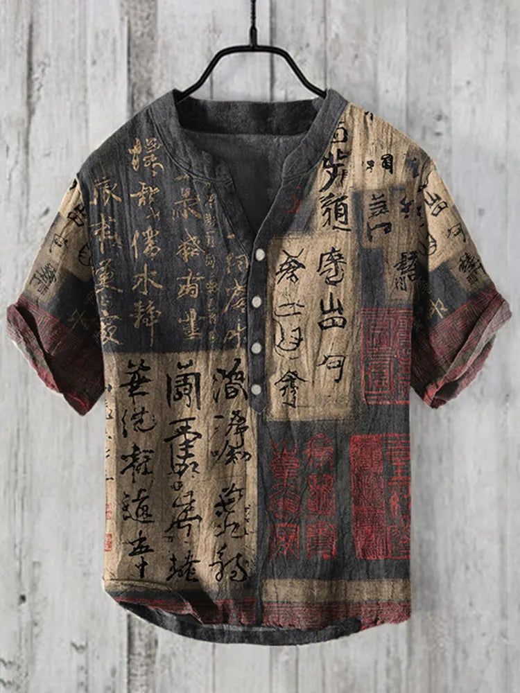 Men's Japanese Calligraphy Art Linen Blend Button Shirt