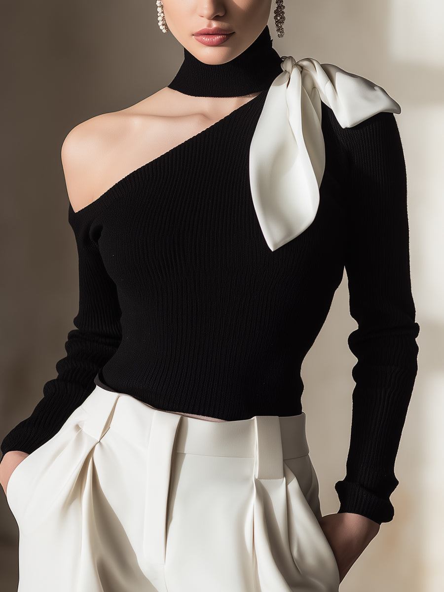 One-Shoulder Knit Top With Contrast Bow Detail