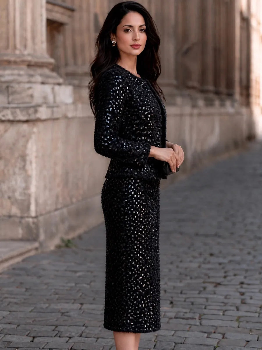 Sequin Tweed Cropped Jacket Midi Skirt Two-Piece Set