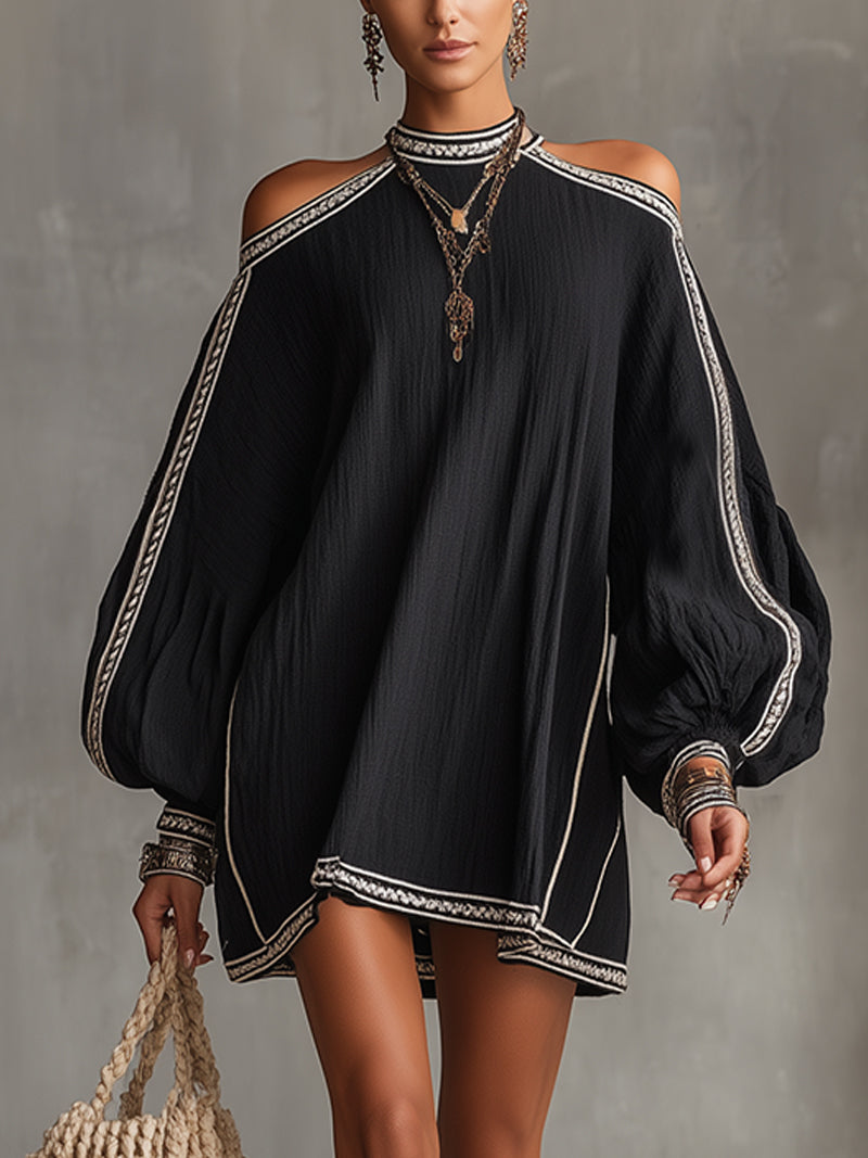 Black Boho Cold Shoulder Lantern Sleeve Linen Mini Dress